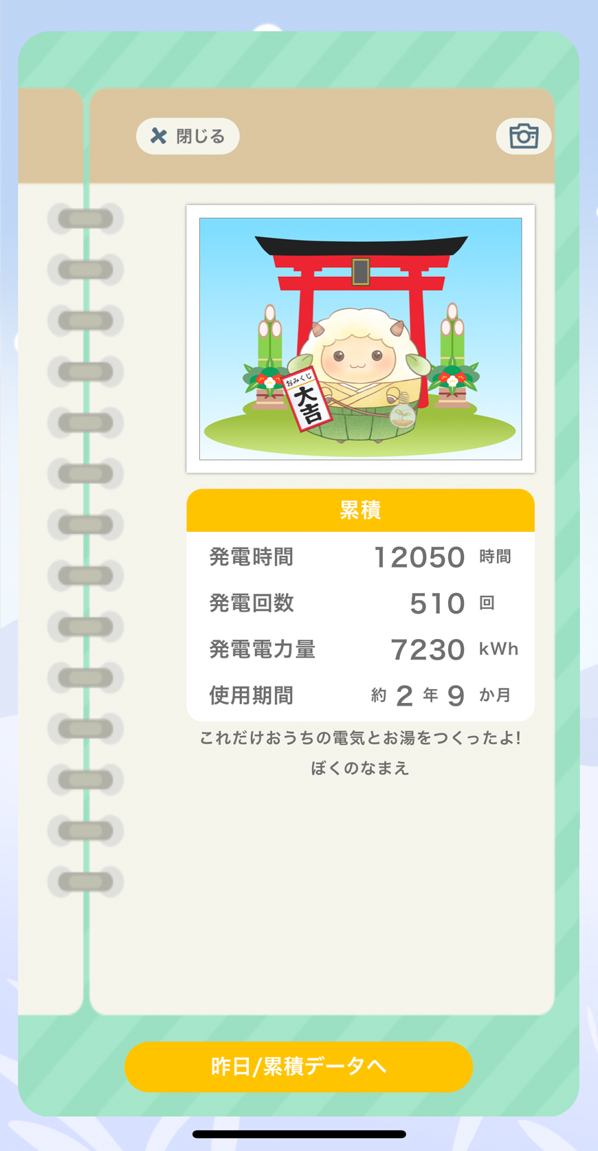 エネ牧場活動日記画面（昨日）