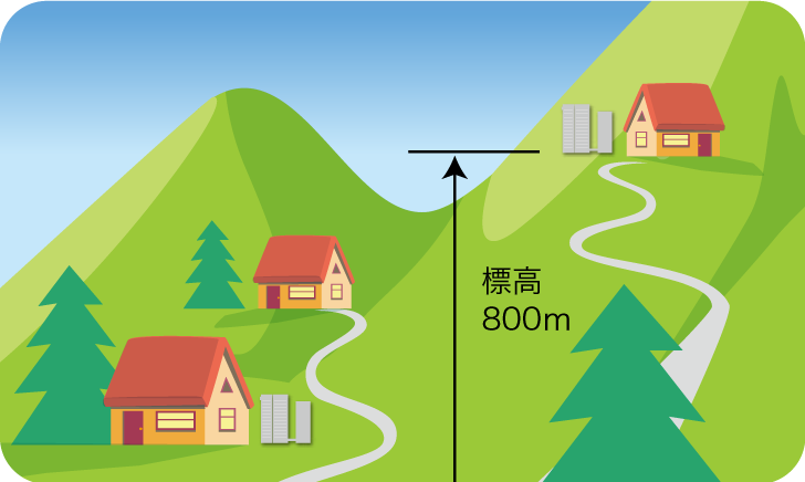 標高800mをイメージし、山地に家が点在するイラストです。