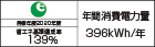 【省エネラベル】目標年度2020年度　省エネ基準達成率139％　年間消費電力量396kWh/年